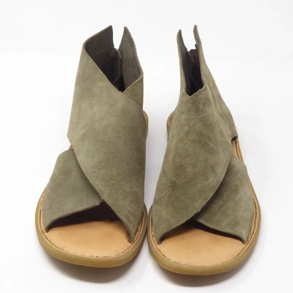 Born Womens Iwa Crisscross Sandals Green Suede Leather Back Zip Flat 8M